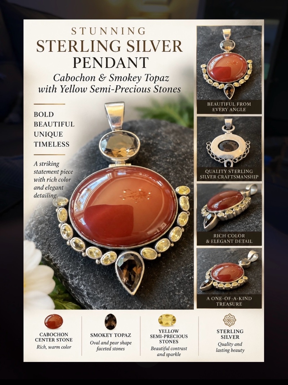 Sterling Silver Cabochon Pendant with Smokey Topaz and Yellow Stones - Red